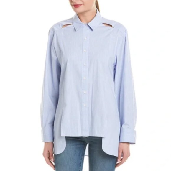 💚BCBG MaxAzria – Modern Blue Striped High-Low Button Front Blouse – Size Small - Picture 4 of 13